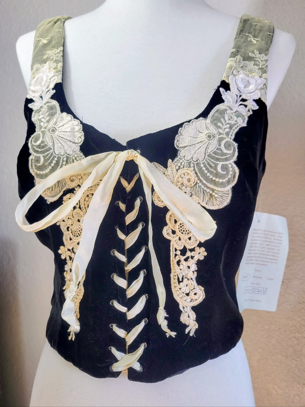 Black Lace-Up Velvet Corset with Cream Lace Accents Gothic Victorian SzS Fairy